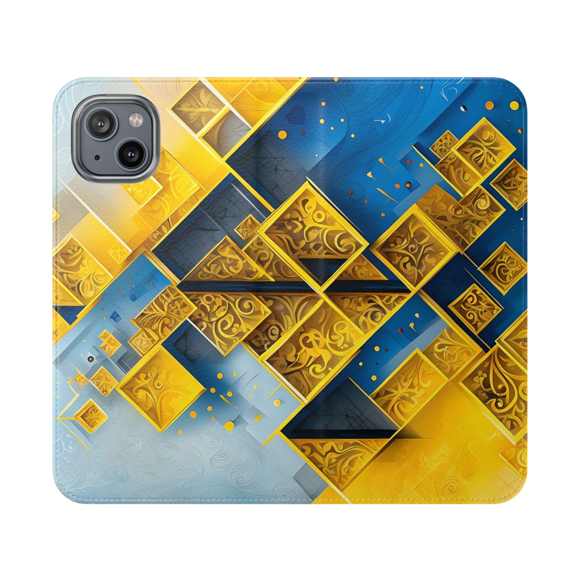 Golden Ascent Wallet Phone Case - Abstract Yellow & Blue Flip Cover for iPhone 14 Plus