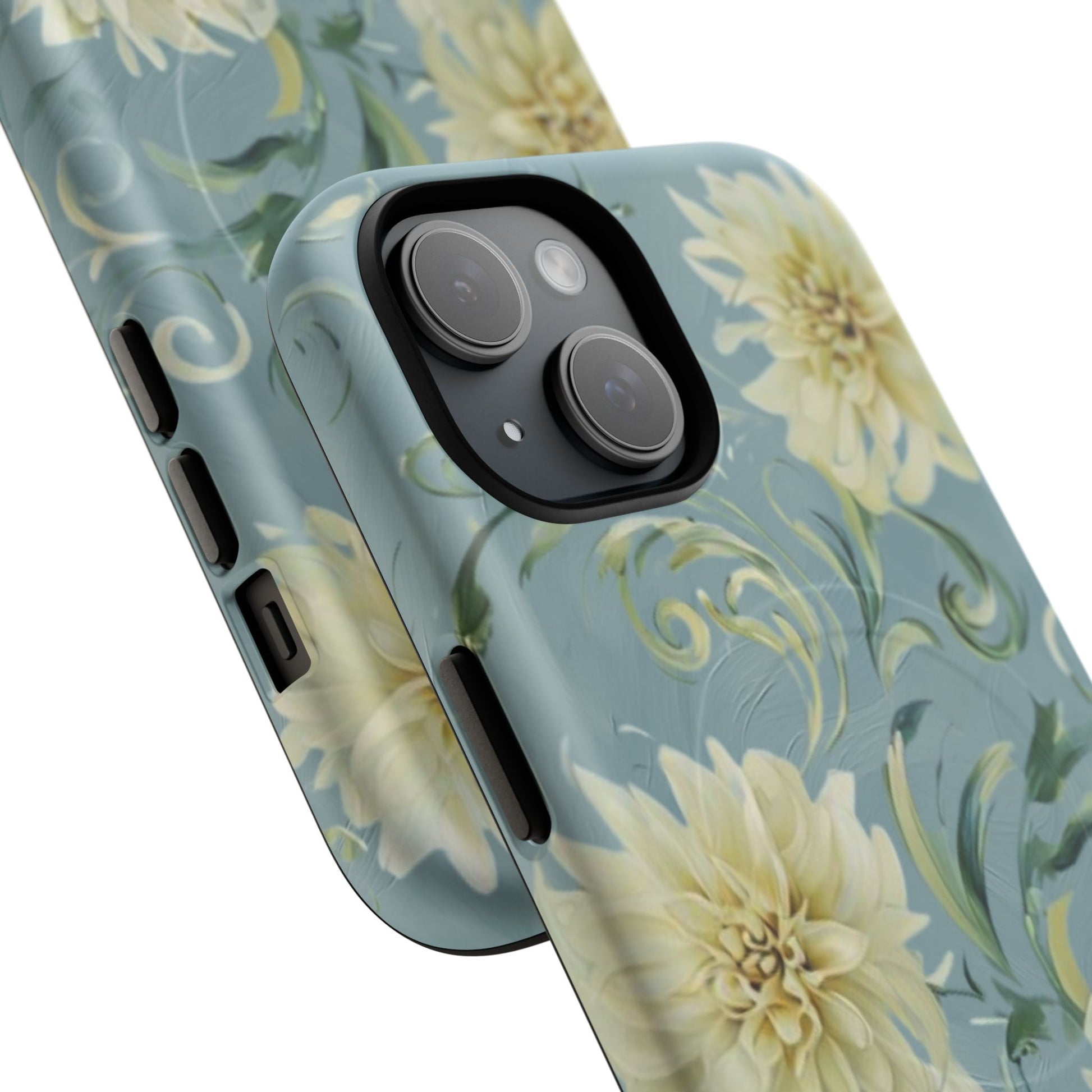 Golden Dahlia Trio - Elegant Floral iPhone 15 MagSafe Phone Case - Artistic White & Blue Dahlia Design