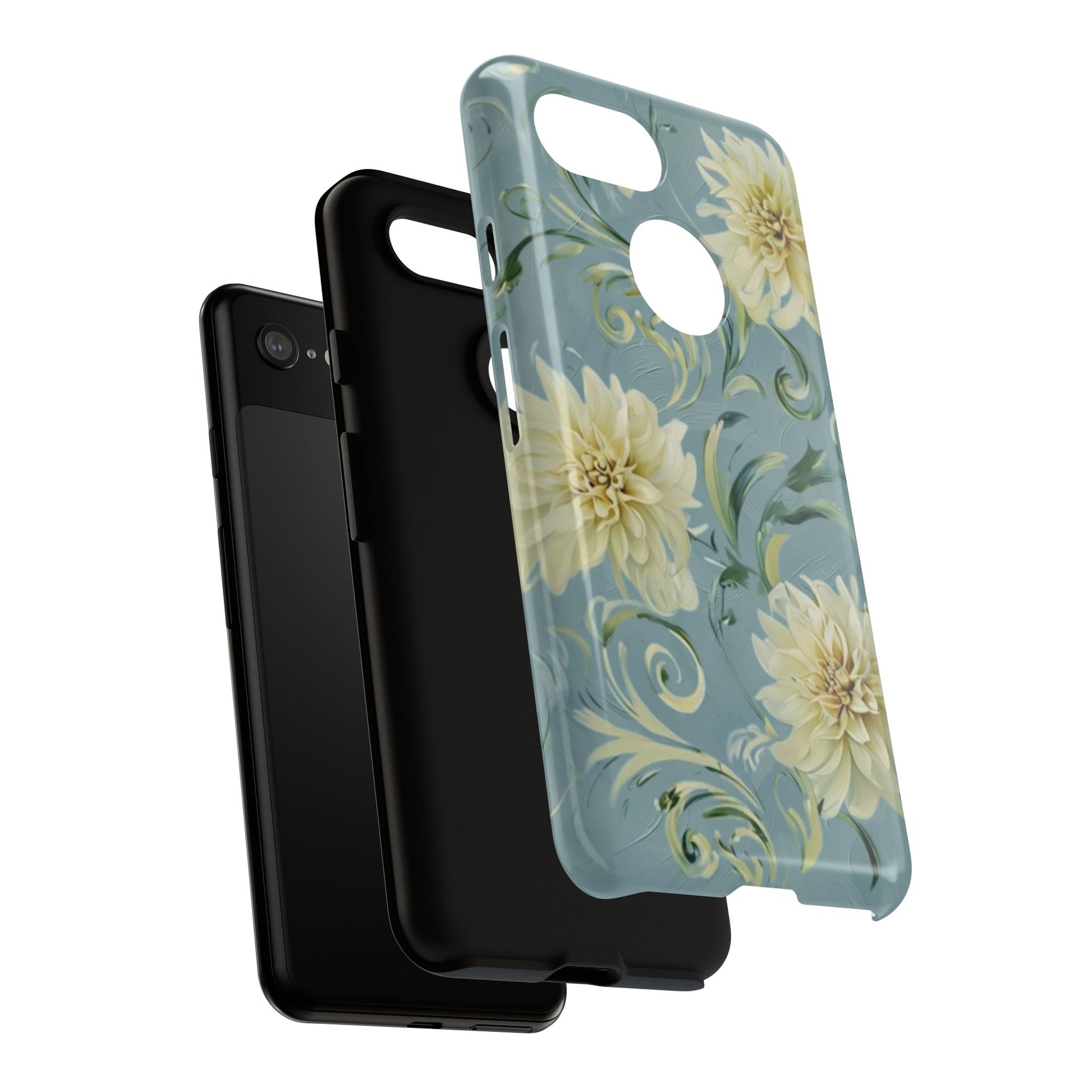 Golden Dahlia Trio - Elegant Floral Google Pixel 3 Tough Phone Case - Artistic White & Blue Dahlia Design