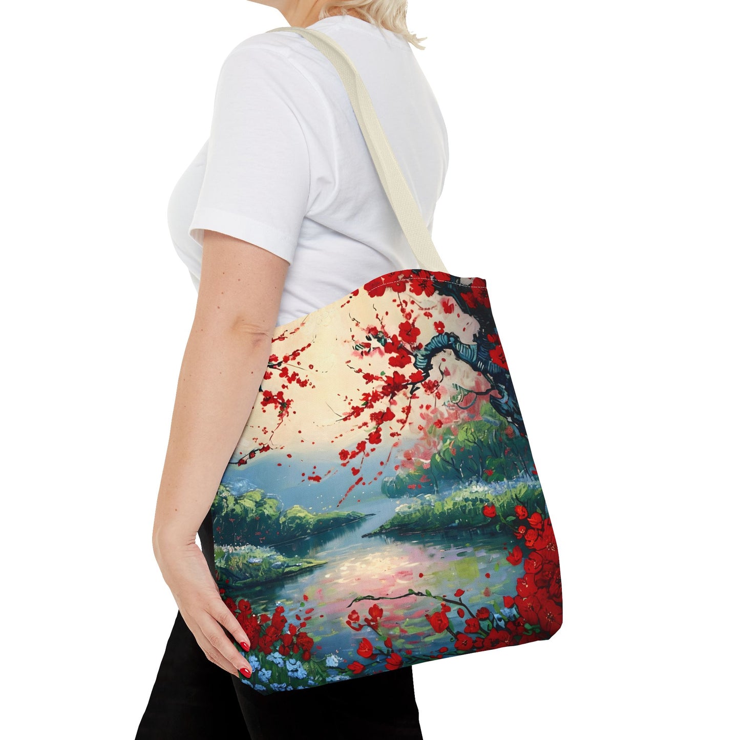 Crimson Blossom Lake Tote (16x16 & 18x18)- Serene Cherry Tree Landscape on Canvas, Reusable & Eco-Friendly
