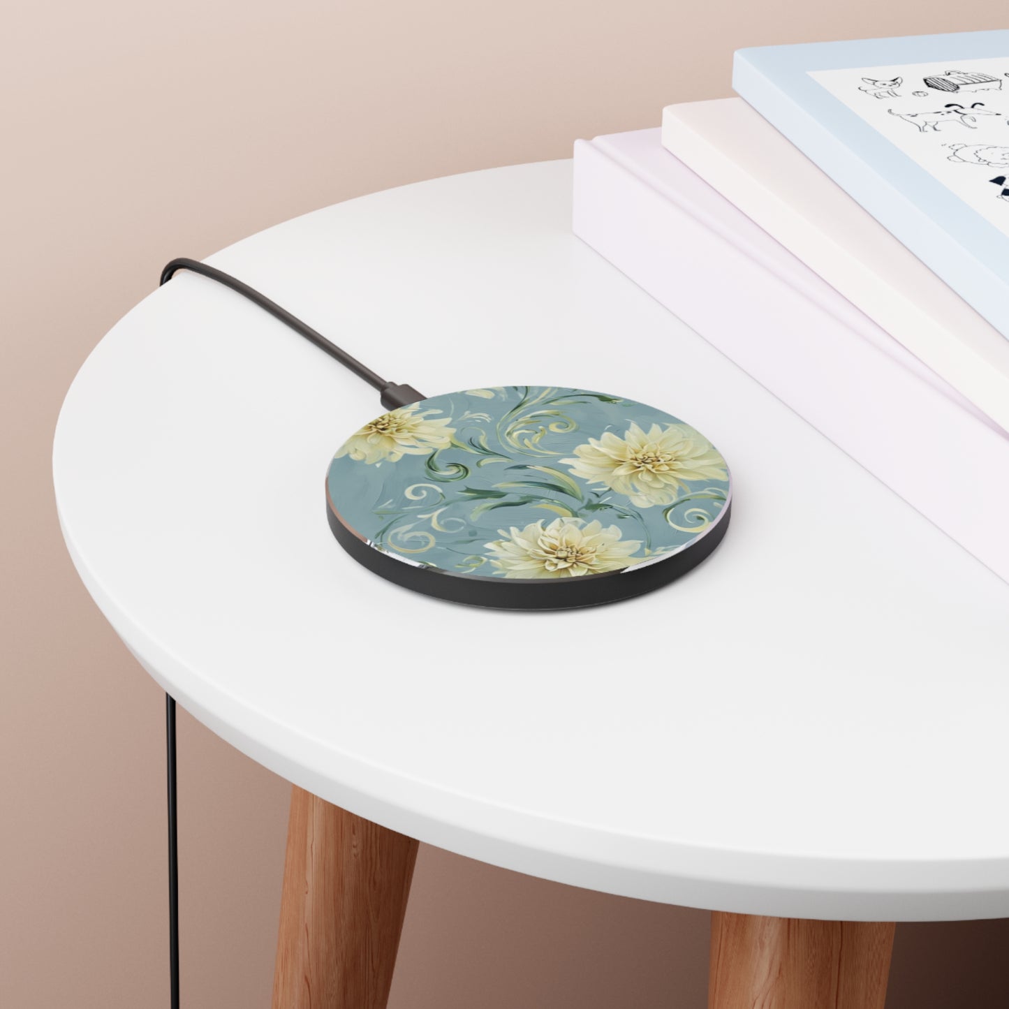 Golden Dahlia Trio dahlia flower art Qi wireless charger on bedside table with books