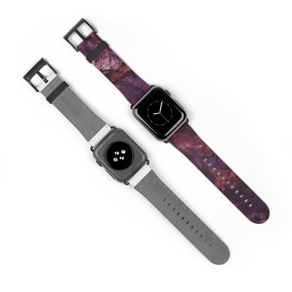 Amethyst Current Apple Watch bands shown on two watches front and back highlighting amethyst purple abstract artwork
