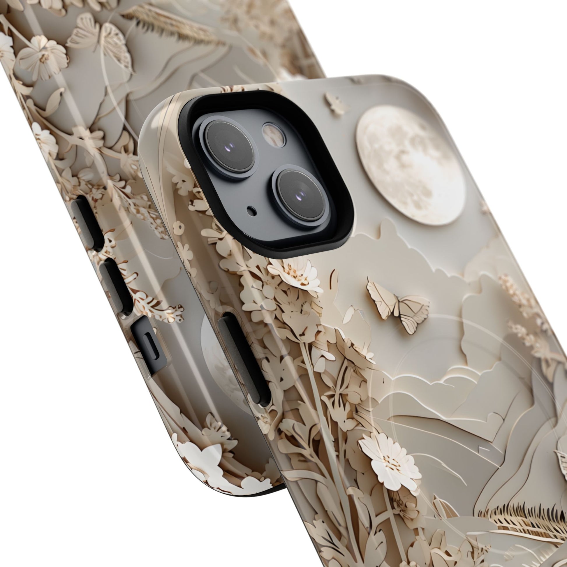 Moonlit Garden - Elegant Neutral Floral iPhone 14 Plus MagSafe Phone Case - Painterly Botanical & Moon Design