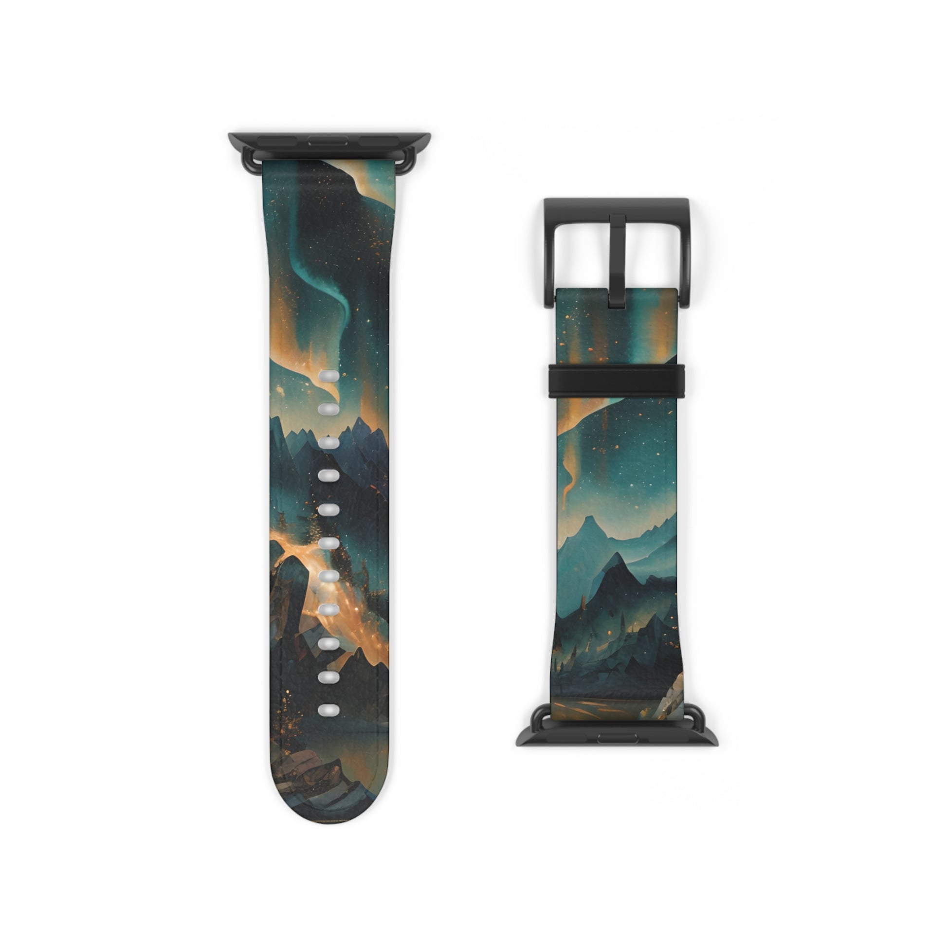 Aurora Dreamscape Apple Watch band strap with black clasp displaying glowing aurora sky over dark landscape