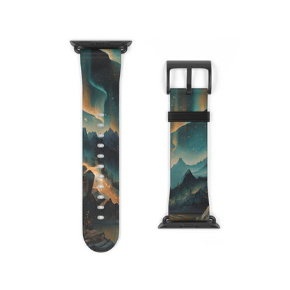 Aurora Dreamscape Apple Watch band strap with black clasp displaying glowing aurora sky over dark landscape