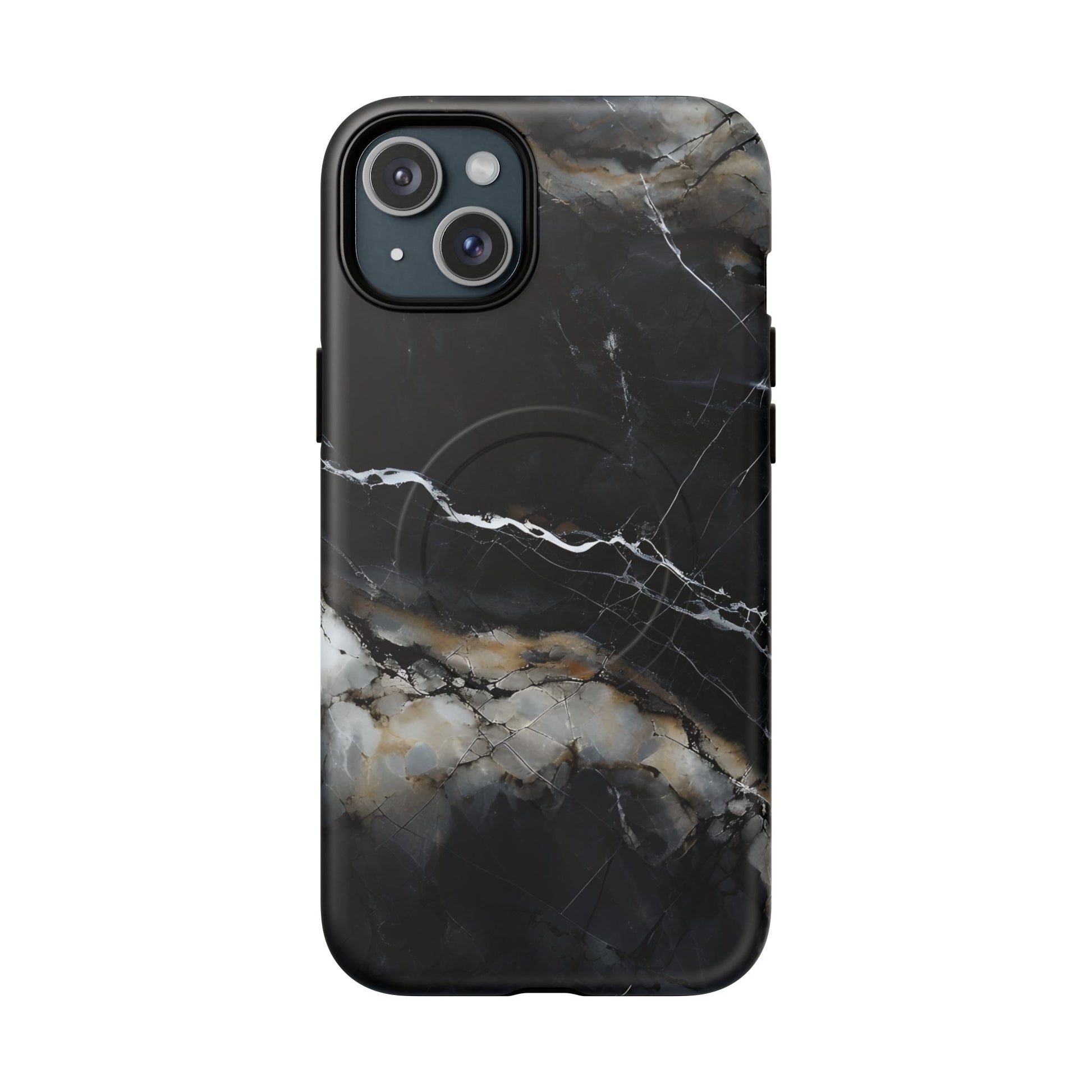 Obsidian Vein iPhone 15 Plus MagSafe Phone Case -Black Neutral Marble Design