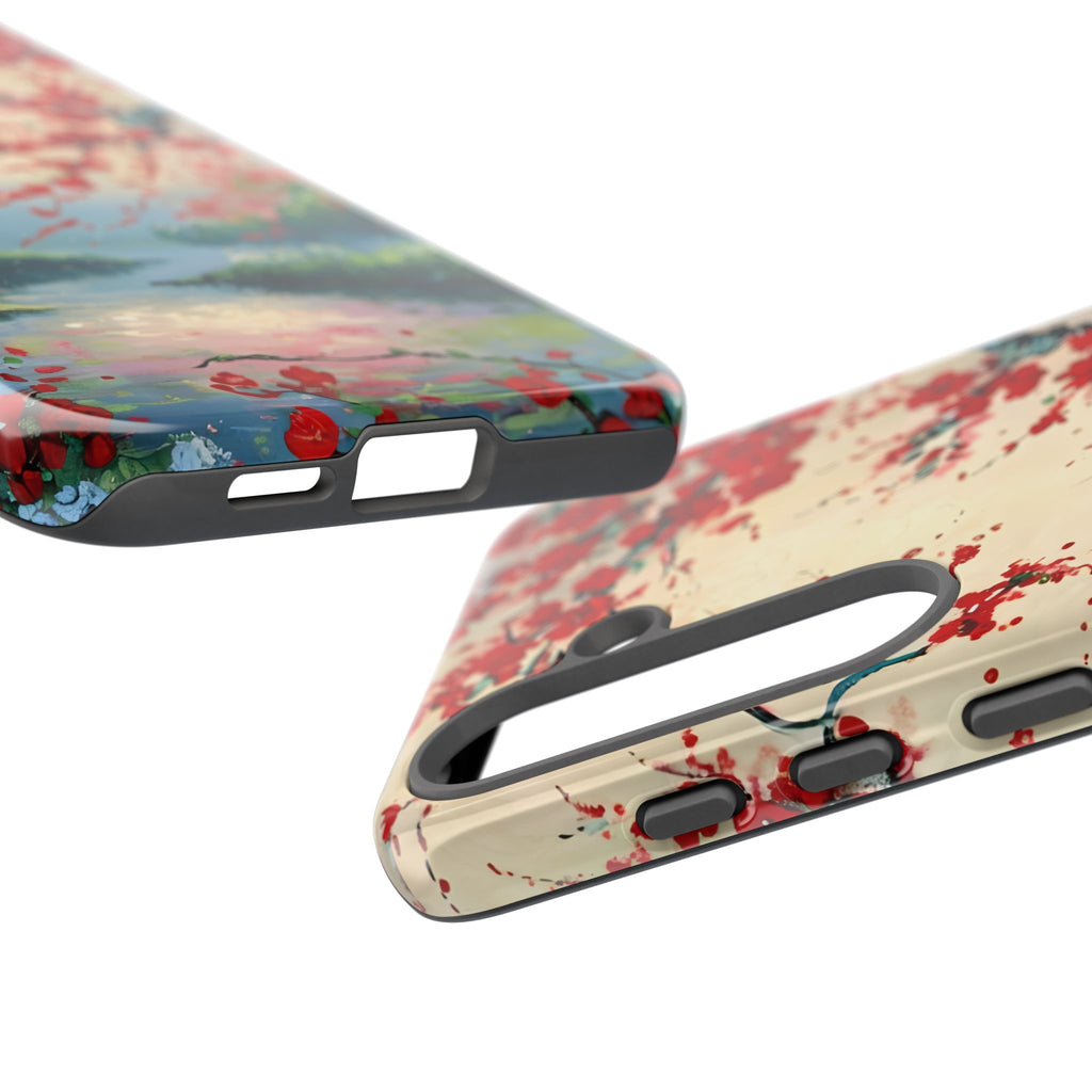 Crimson Blossom Lake - Artistic Floral Landscape Samsung Galaxy S25 Plus Tough Phone Case - Red Cherry Blossoms & Serene Lake Design