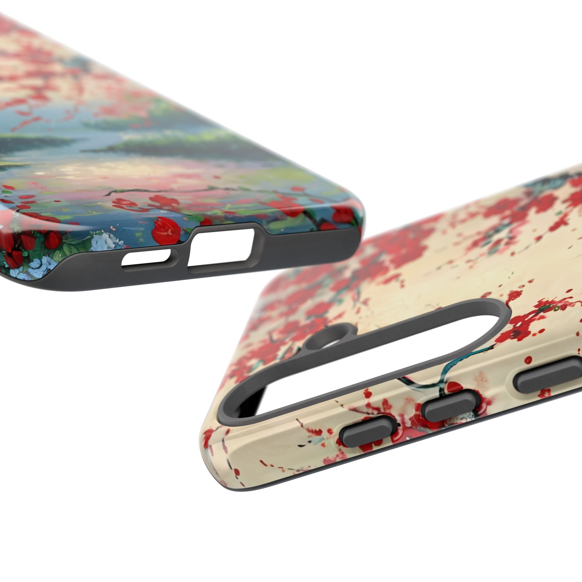 Crimson Blossom Lake - Artistic Floral Landscape Samsung Galaxy S25 Plus Tough Phone Case - Red Cherry Blossoms & Serene Lake Design