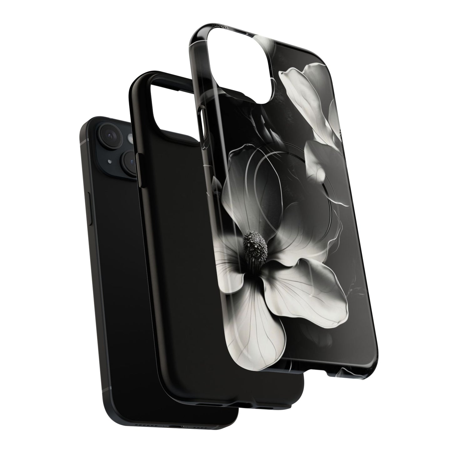 Monochrome Magnolia - Elegant Black & White Floral iPhone MagSafe Phone Case - Artistic Magnolia Design
