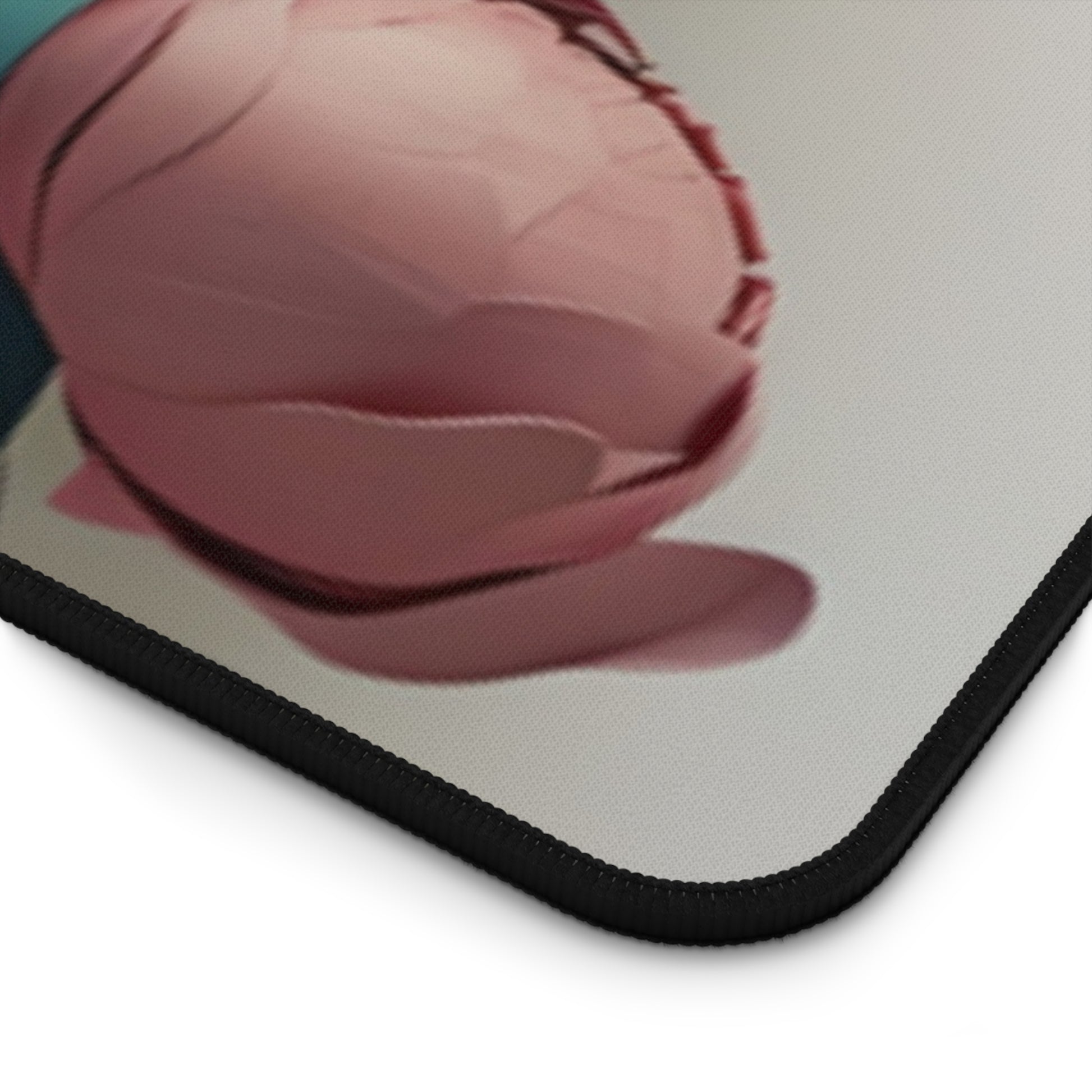 Close-up of Blushing Peony Veil desk mat showing detailed peony flower artwork