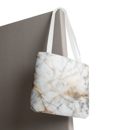 Golden Vein canvas tote bag hanging with elegant white marble and gold veining artwork
