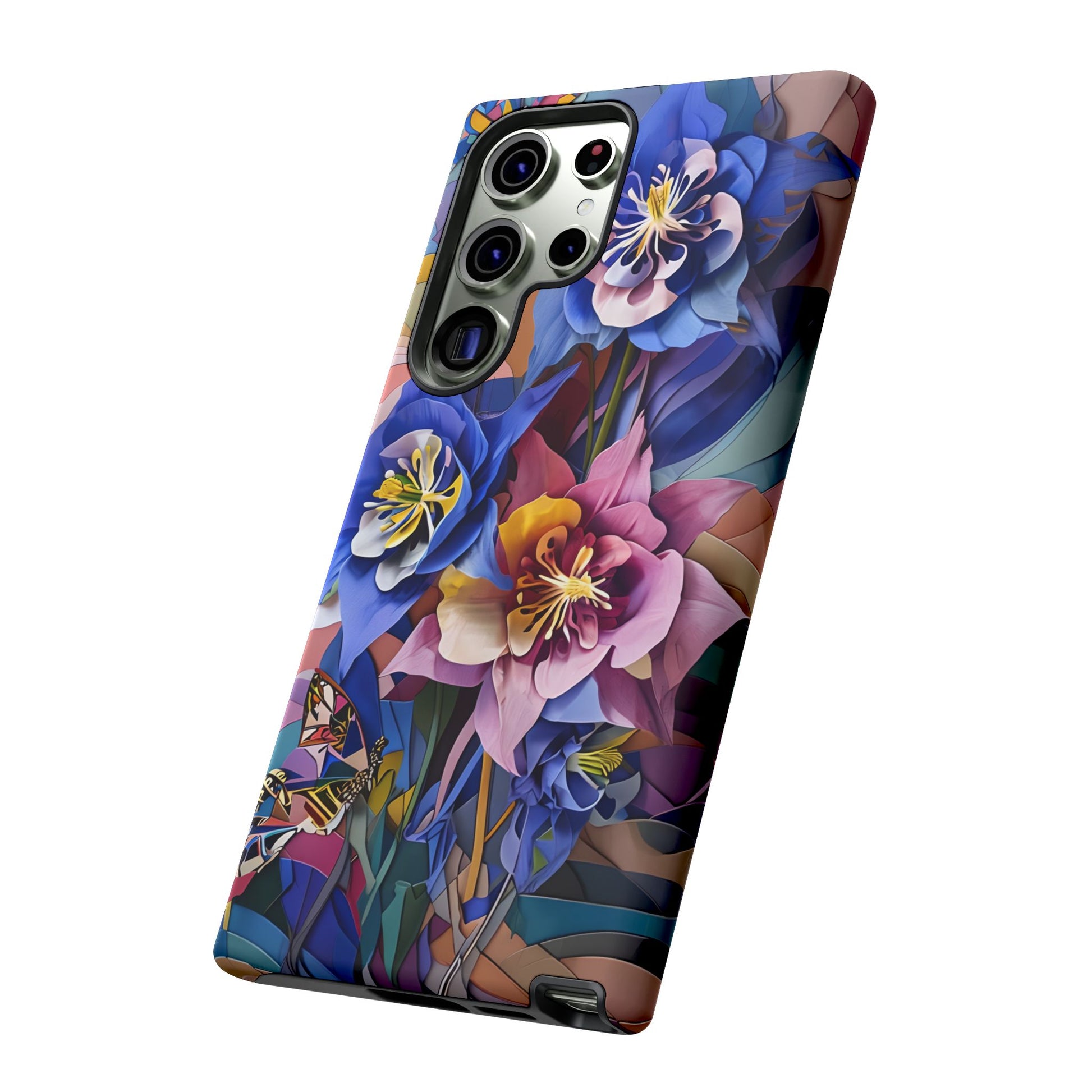 Blue Columbine Carnivale - Artistic Floral & Butterfly Samsung S23 Ultra Tough Phone Case - Vibrant Botanical Design