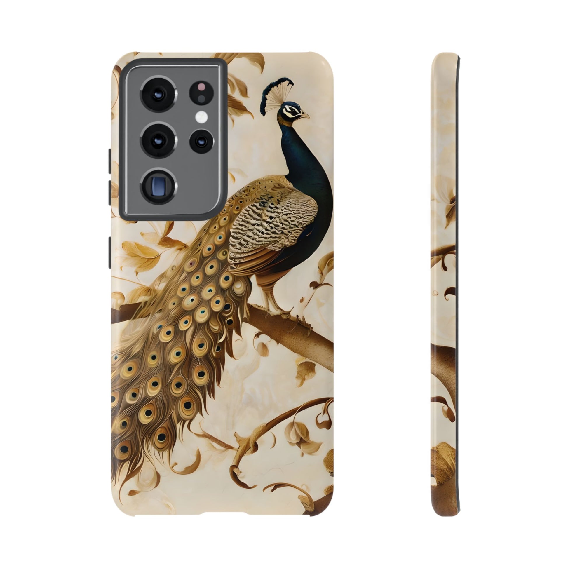 Golden Plumage - Luxe Peacock Art Samsung Galaxy S21 Ultra Phone Case - Elegant Gold & Cream Design