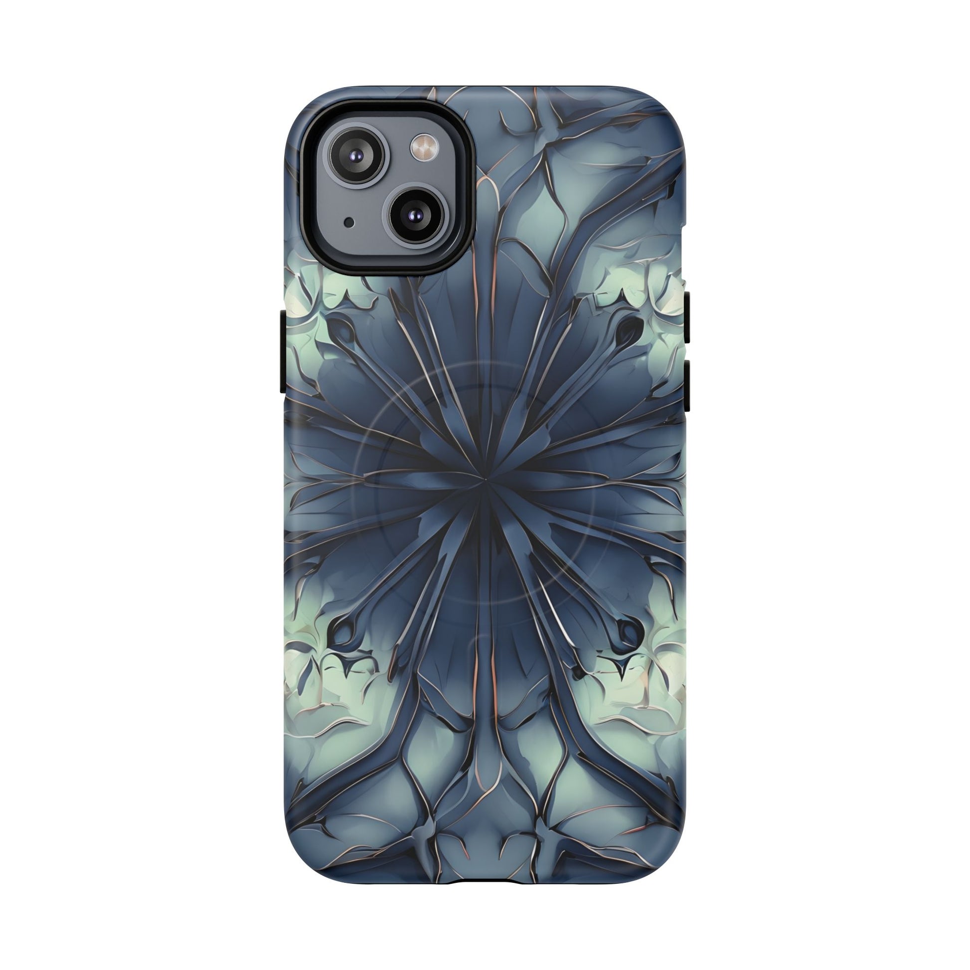 Indigo Mosaic - Artistic Kaleidoscope Collection Artistic Floral - iPhone 14 Plus MagSafe Phone Case -Bold Blue Symmetrical Design