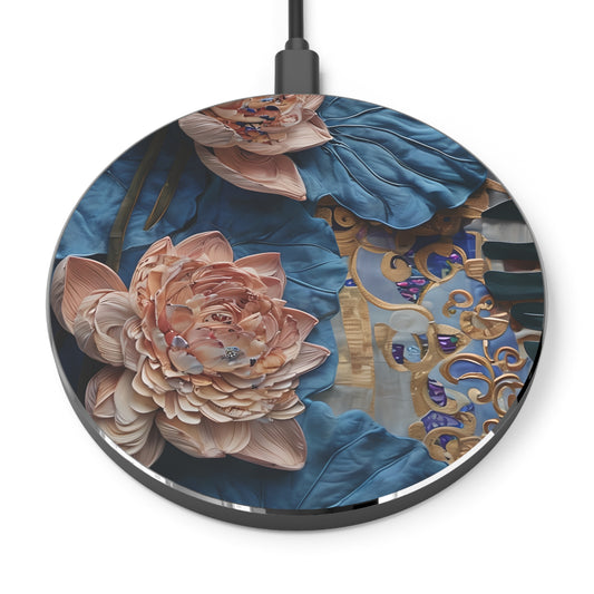 Peony Midnight Tapestry floral art Qi wireless charger with peach peony flowers on deep blue tapestry background