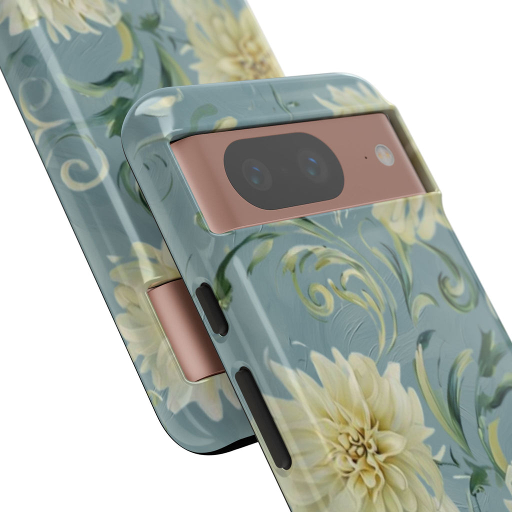 Golden Dahlia Trio - Elegant Floral Google Pixel 8 Tough Phone Case - Artistic White & Blue Dahlia Design