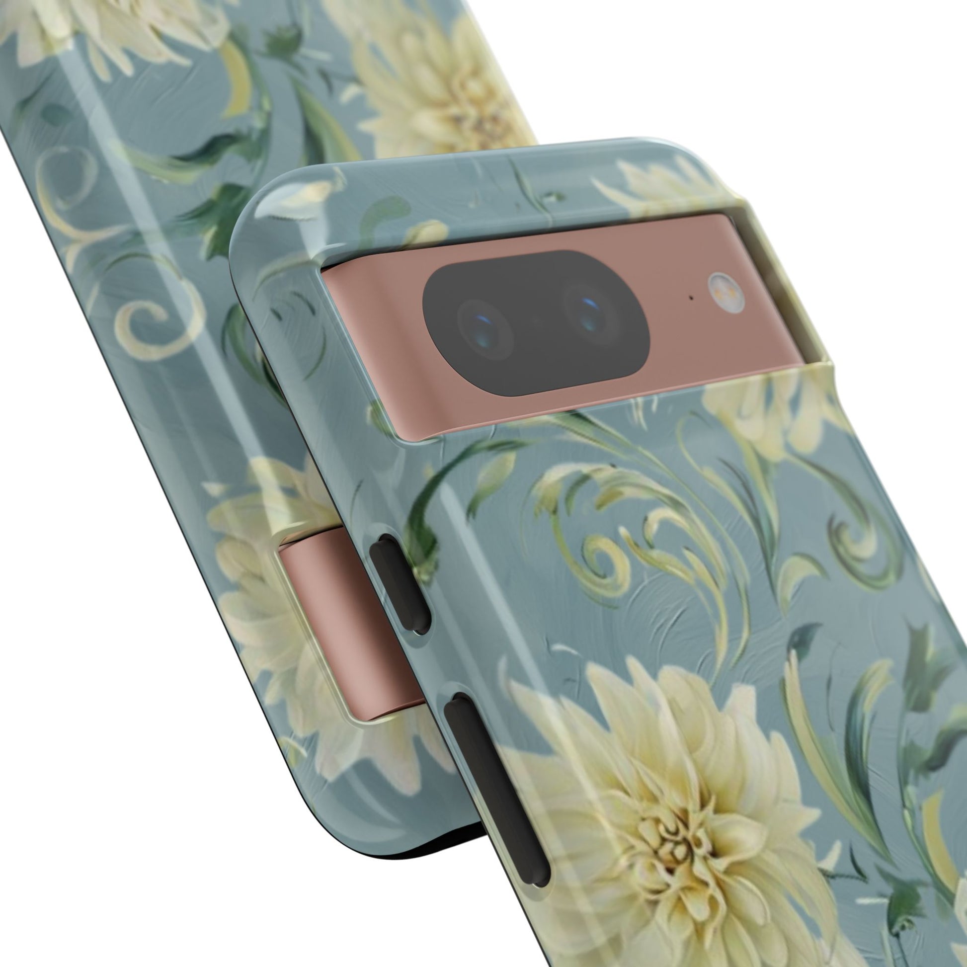 Golden Dahlia Trio - Elegant Floral Google Pixel 8 Tough Phone Case - Artistic White & Blue Dahlia Design