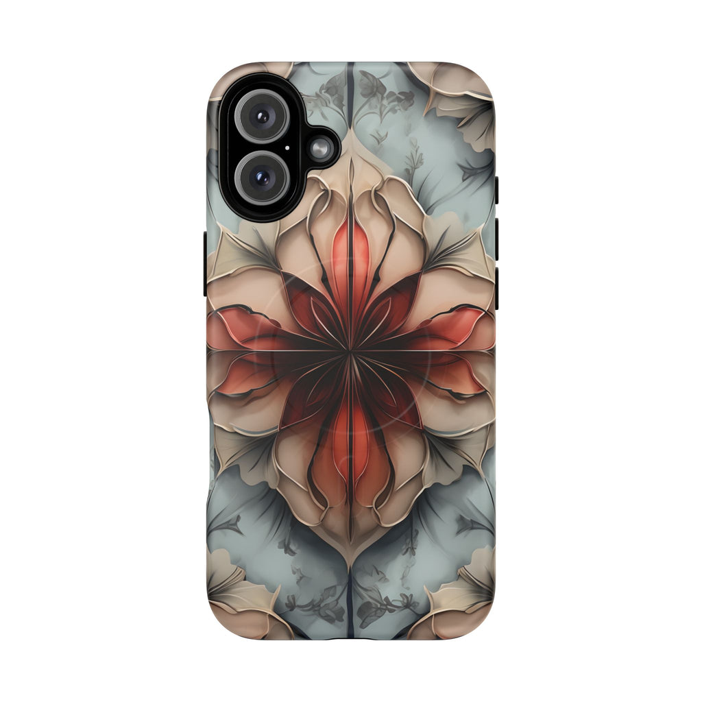 Ember Bloom - Kaleidoscope Collection Artistic Floral iPhone 16 Plus MagSafe Phone Case - Fiery Symmetrical Design