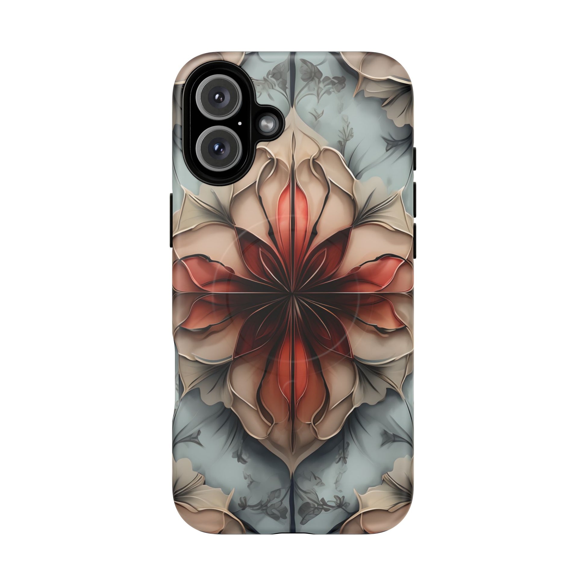 Ember Bloom - Kaleidoscope Collection Artistic Floral iPhone 16 Plus MagSafe Phone Case - Fiery Symmetrical Design