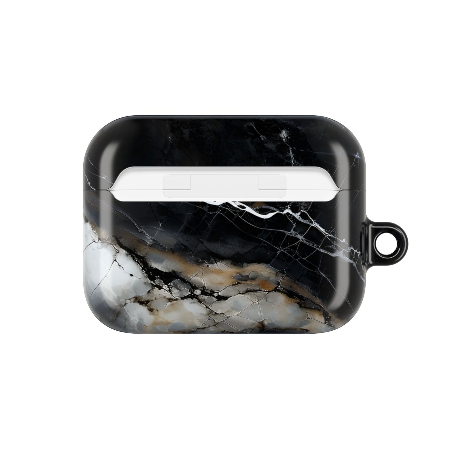 Obsidian Vein AirPods case back view showing black marble pattern with gold and white veins
