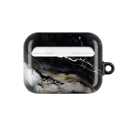 Obsidian Vein AirPods case back view showing black marble pattern with gold and white veins