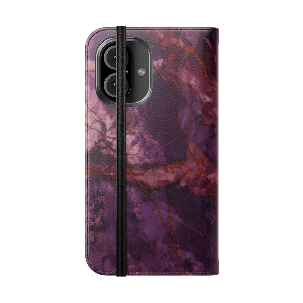 Amethyst Current Wallet Phone Case - Elegant Purple Marble Flip Cover for iPhone 16