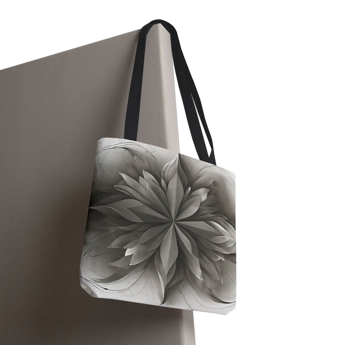 Silver Lotus canvas tote bag hanging with intricate lotus mandala pattern