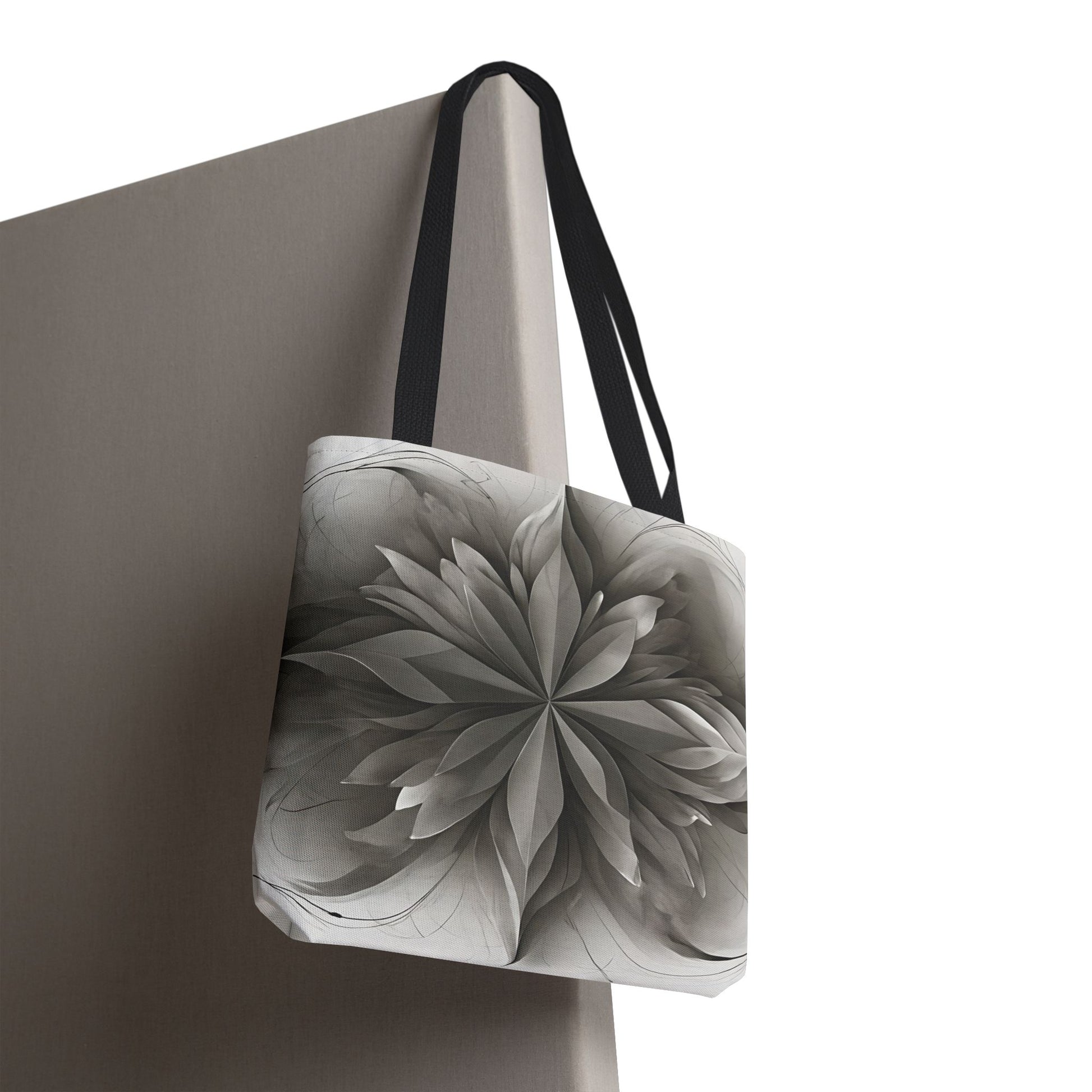 Silver Lotus canvas tote bag hanging with intricate lotus mandala pattern