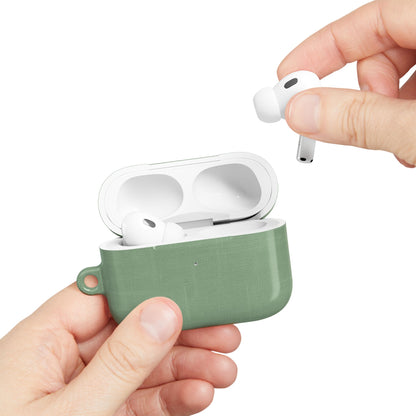 Hand placing AirPods into Sage Linen AirPods case with soft sage linen texture design