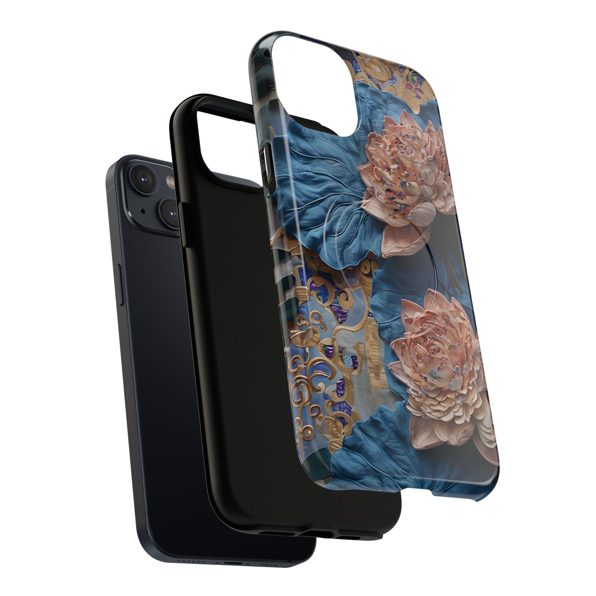 Peony Midnight Tapestry - iPhone 14 Plus - MagSafe Compatible - Elegant Blue & Blush Artful Phone Cover