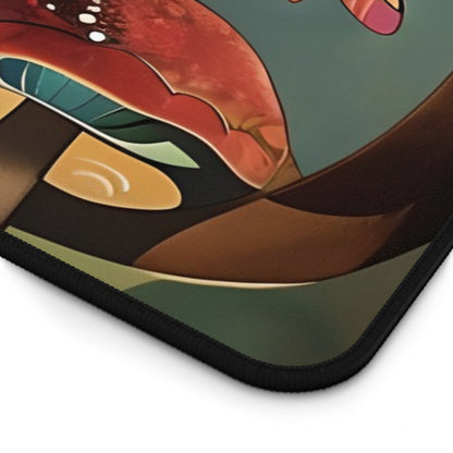 Close-up of Enchanted Orchard desk mat showing detailed orchard design