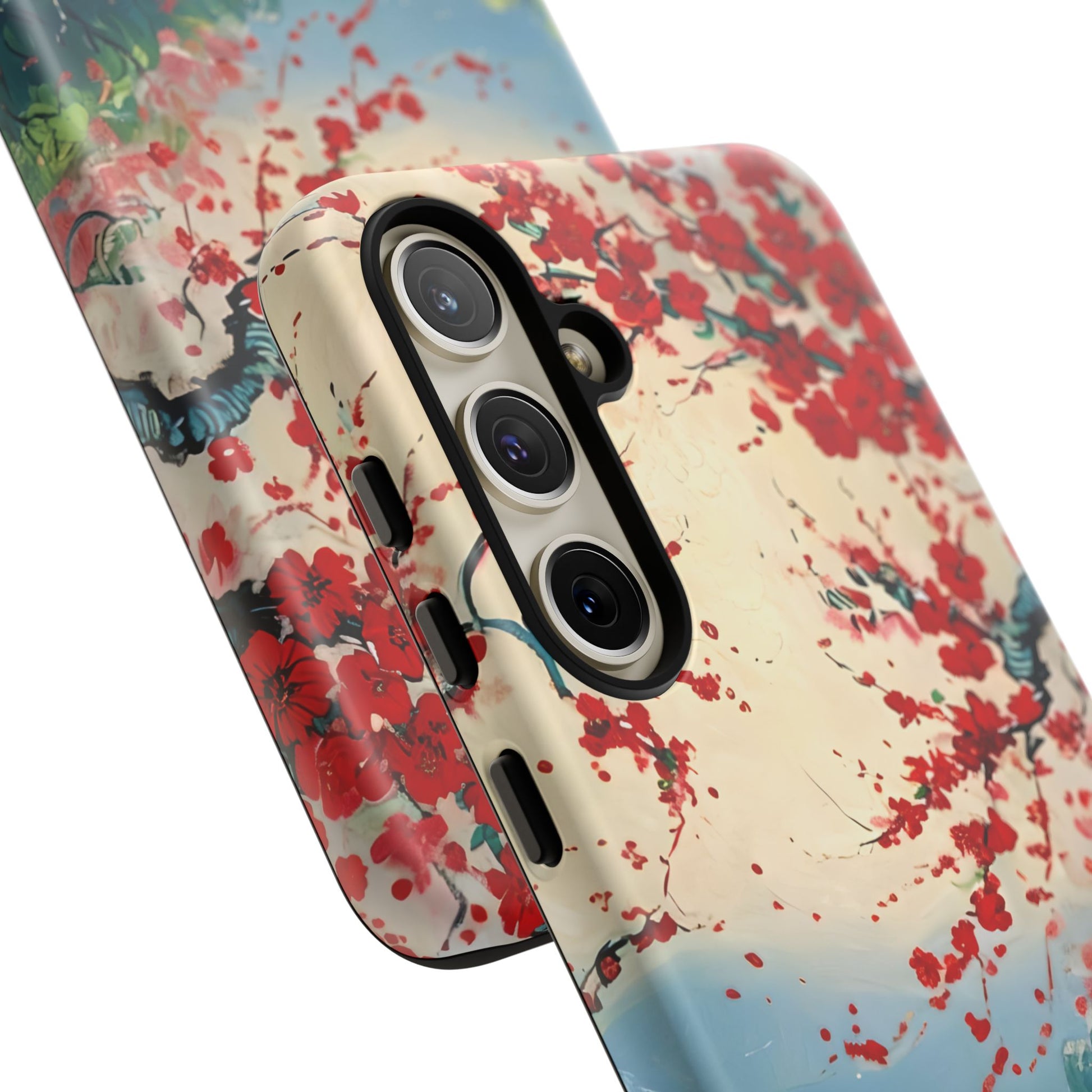 Crimson Blossom Lake - Artistic Floral Landscape Samsung Galaxy S24 Plus Tough Phone Case - Red Cherry Blossoms & Serene Lake Design
