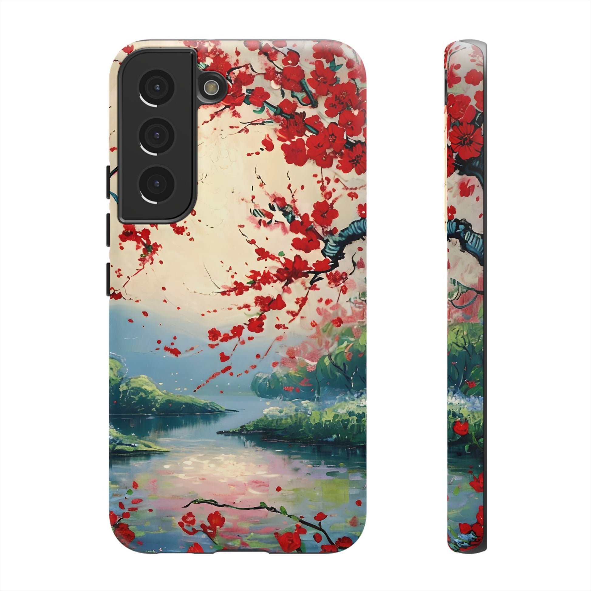 Crimson Blossom Lake - Artistic Floral Landscape Samsung Galaxy S22 Tough Phone Case - Red Cherry Blossoms & Serene Lake Design