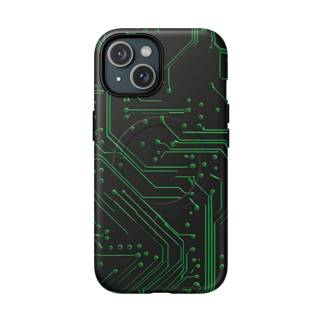 Green Circuit Grid iPhone 15 MagSafe Compatible case- Tech-Inspired Shockproof Cover