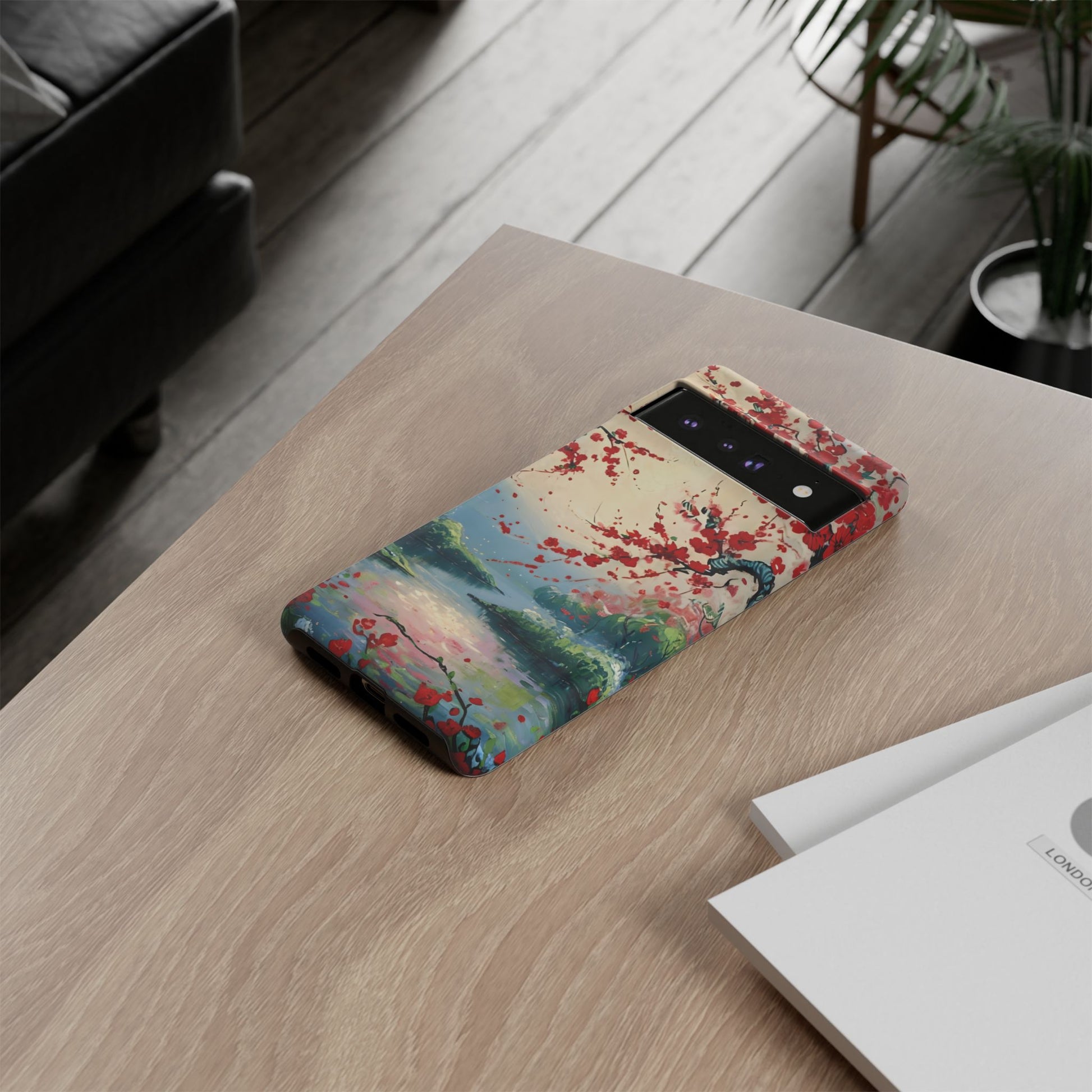 Crimson Blossom Lake - Artistic Floral Landscape Google Pixel 6 Pro Tough Phone Case - Red Cherry Blossoms & Serene Lake Design