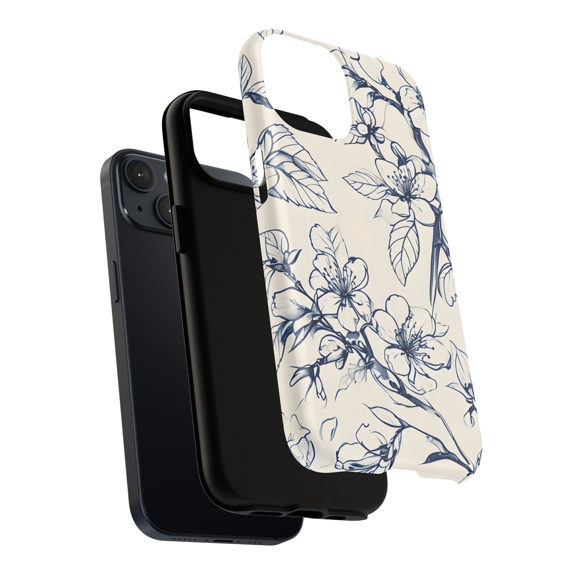 Blossom Sketch - Artistic Blue Floral - iPhone 14 MagSafe Phone Case - Hand-Drawn Botanical Design