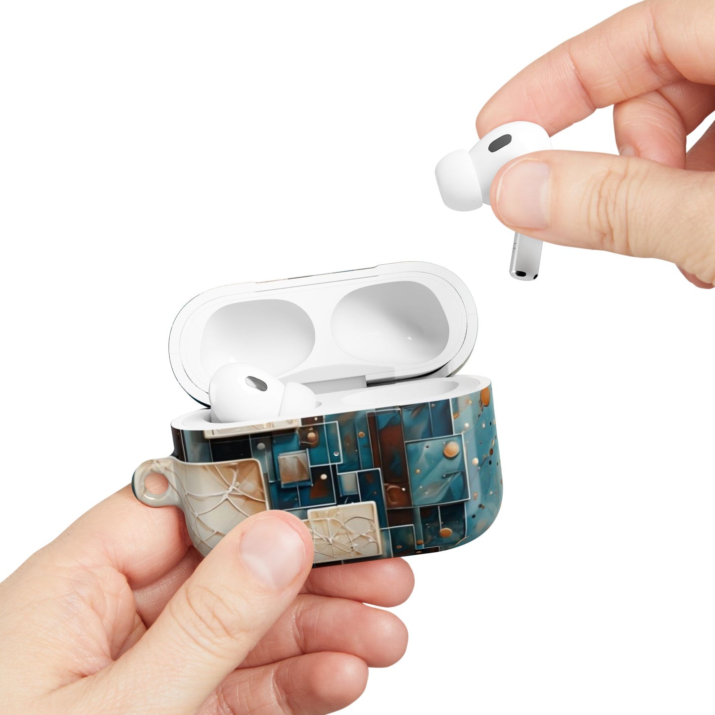 Hand placing AirPods into Architectural Drift AirPods case with geometric architectural tile design