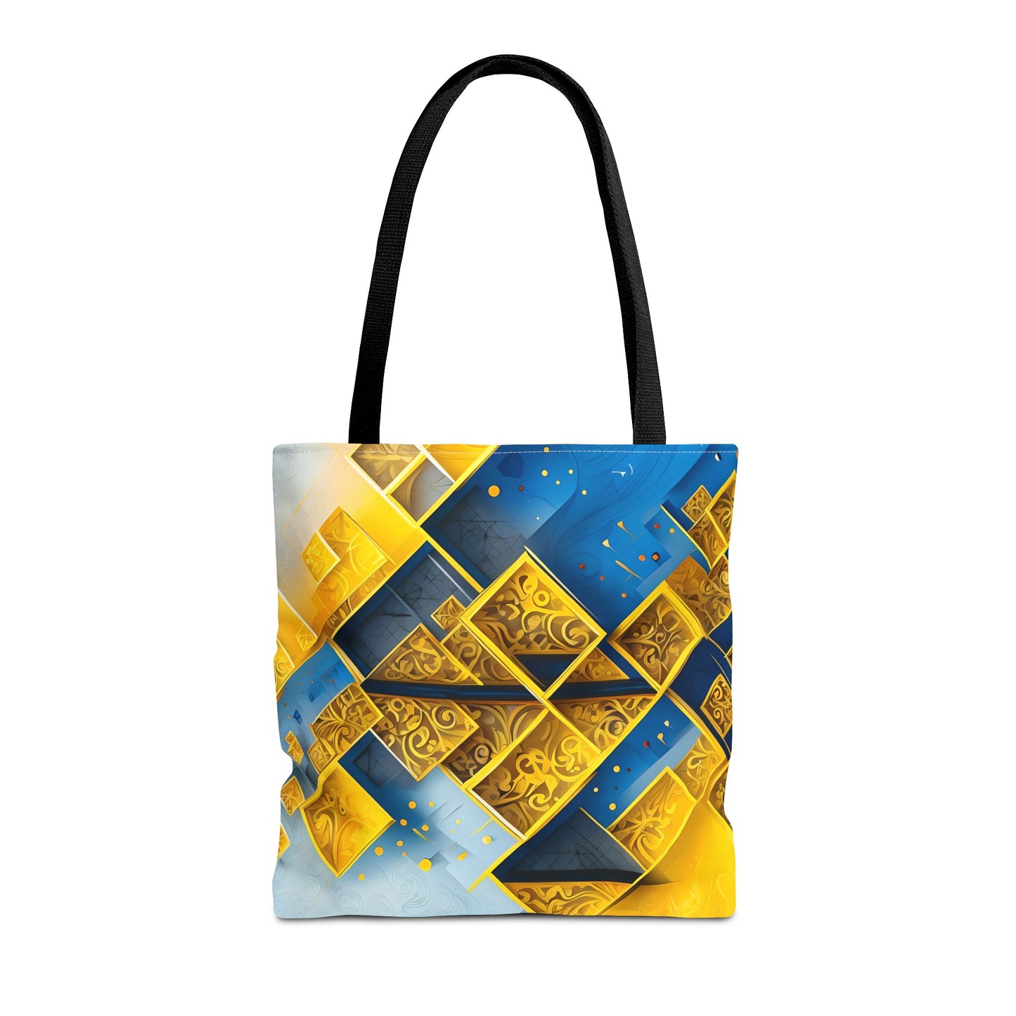 Golden Ascent canvas tote bag featuring bold geometric gold and blue pattern with black handles