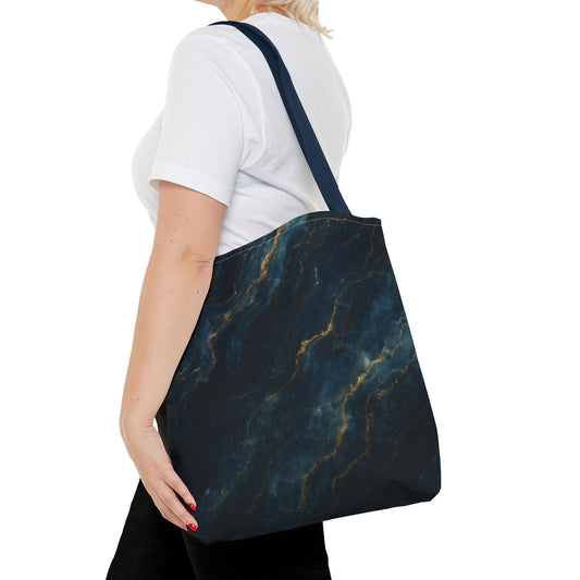 Midnight Marble canvas tote bag worn over shoulder showing deep marble texture artwork