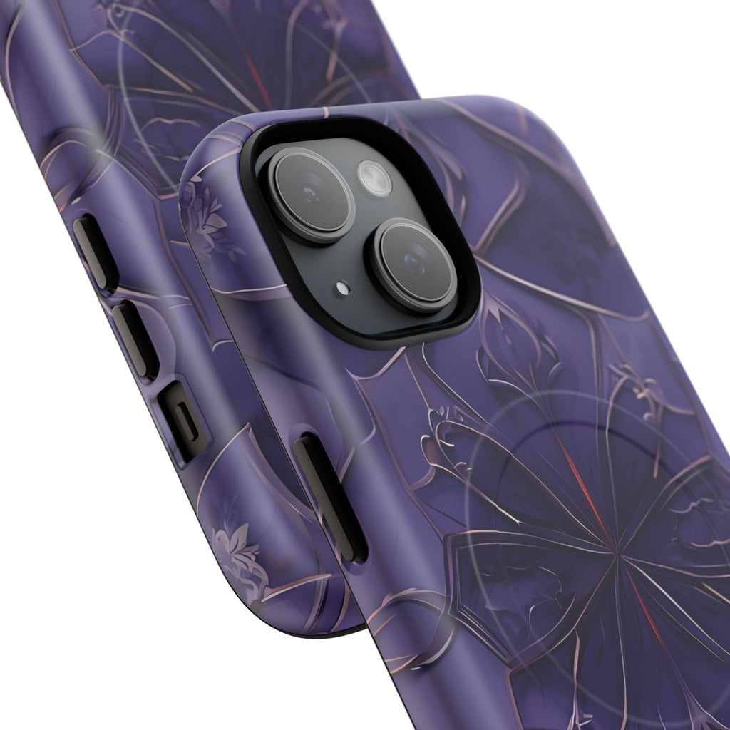 Violet Nebula - Kaleidoscope Collection Artistic Floral Burst - iPhone 15 MagSafe Phone Case -Bold Purple Symmetrical Design