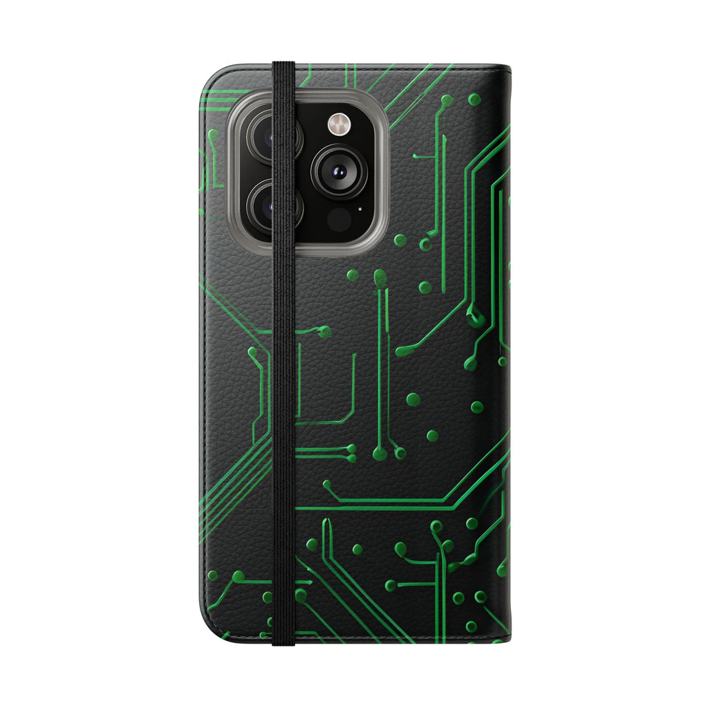Green Circuit Grid Wallet Phone Case - Green & Black Computer Circuit Design - Flip Cover for iPhone 14 Pro
