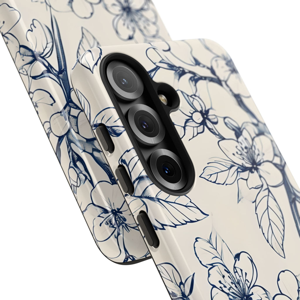 Blossom Sketch - Artistic Blue Floral Samsung Galaxy S25 Tough Phone Case - Hand-Drawn Botanical Design