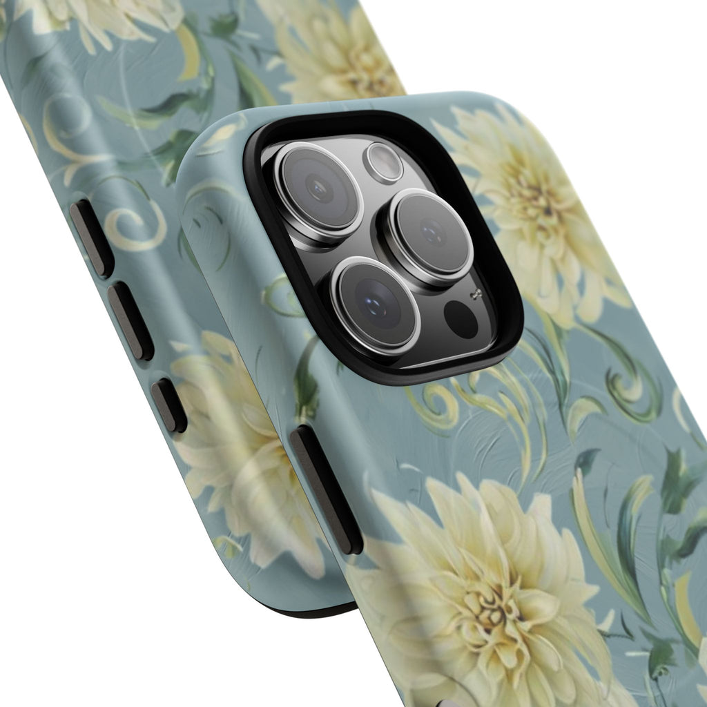 Golden Dahlia Trio - Elegant Floral iPhone 16 Pro MagSafe Phone Case - Artistic White & Blue Dahlia Design