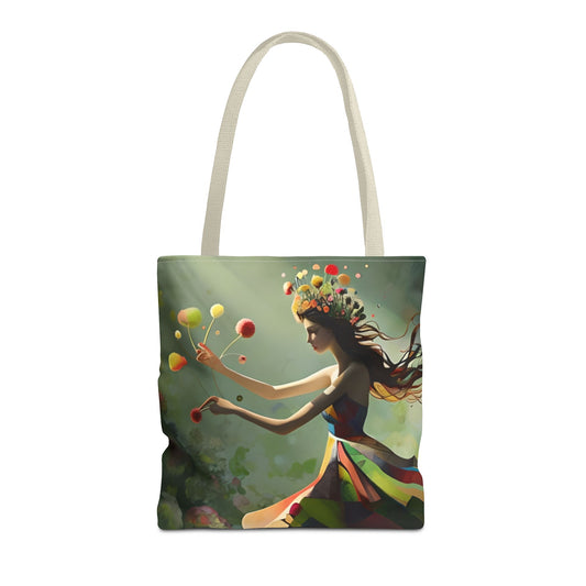 Dancing Wildflower Muse Tote (16x16 & 18x18)- Ethereal Spring Dancer in Floral Meadow, Reusable & Eco-Friendly Canvas