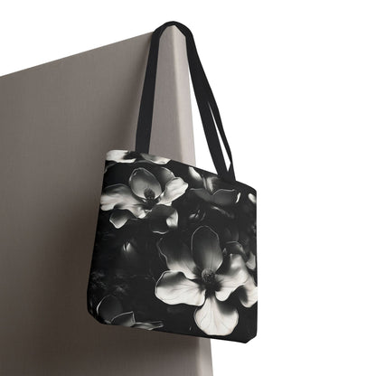 Monochrome Magnolia canvas tote bag hanging with dramatic monochrome magnolia design