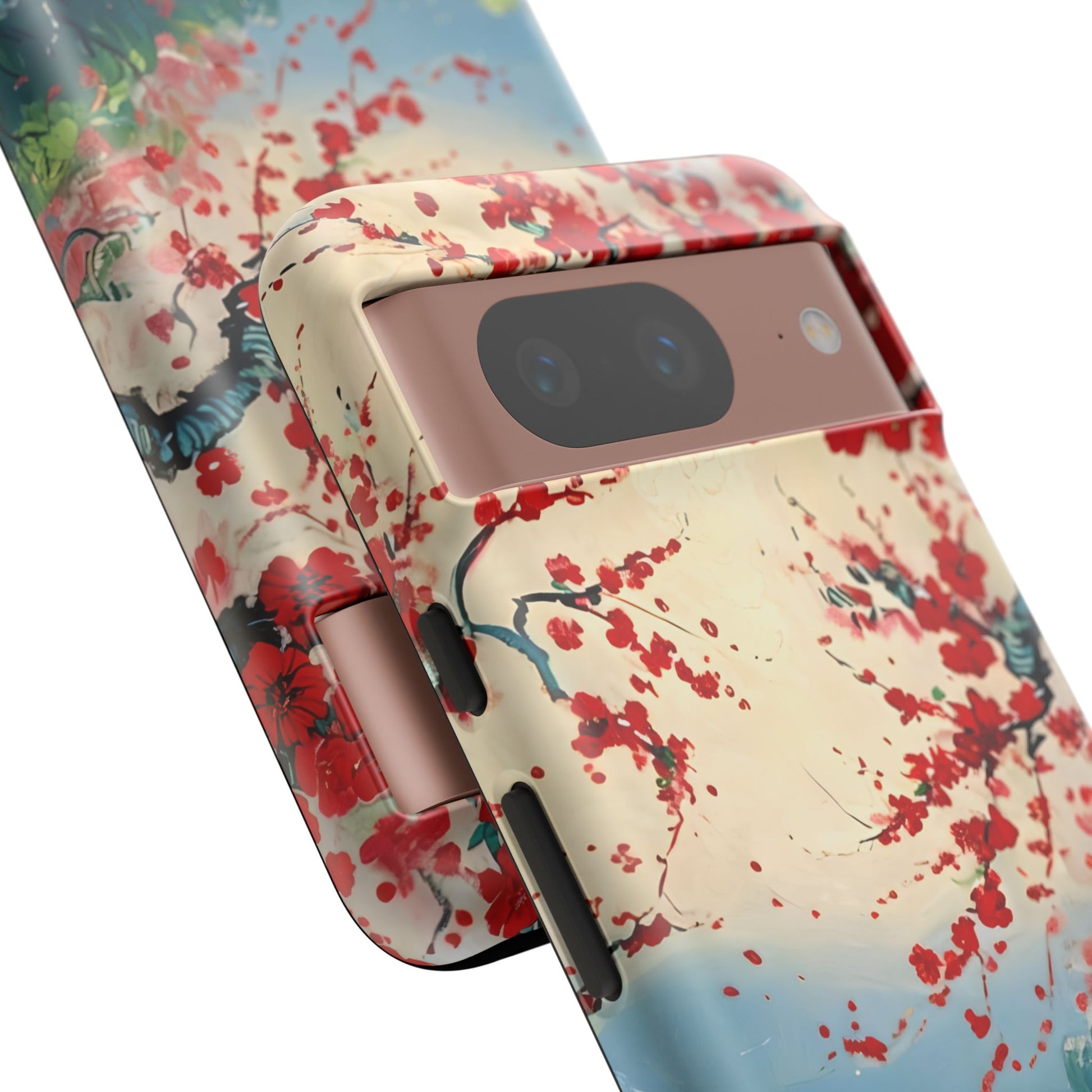Crimson Blossom Lake - Artistic Floral Landscape Google Pixel 8 Tough Phone Case - Red Cherry Blossoms & Serene Lake Design