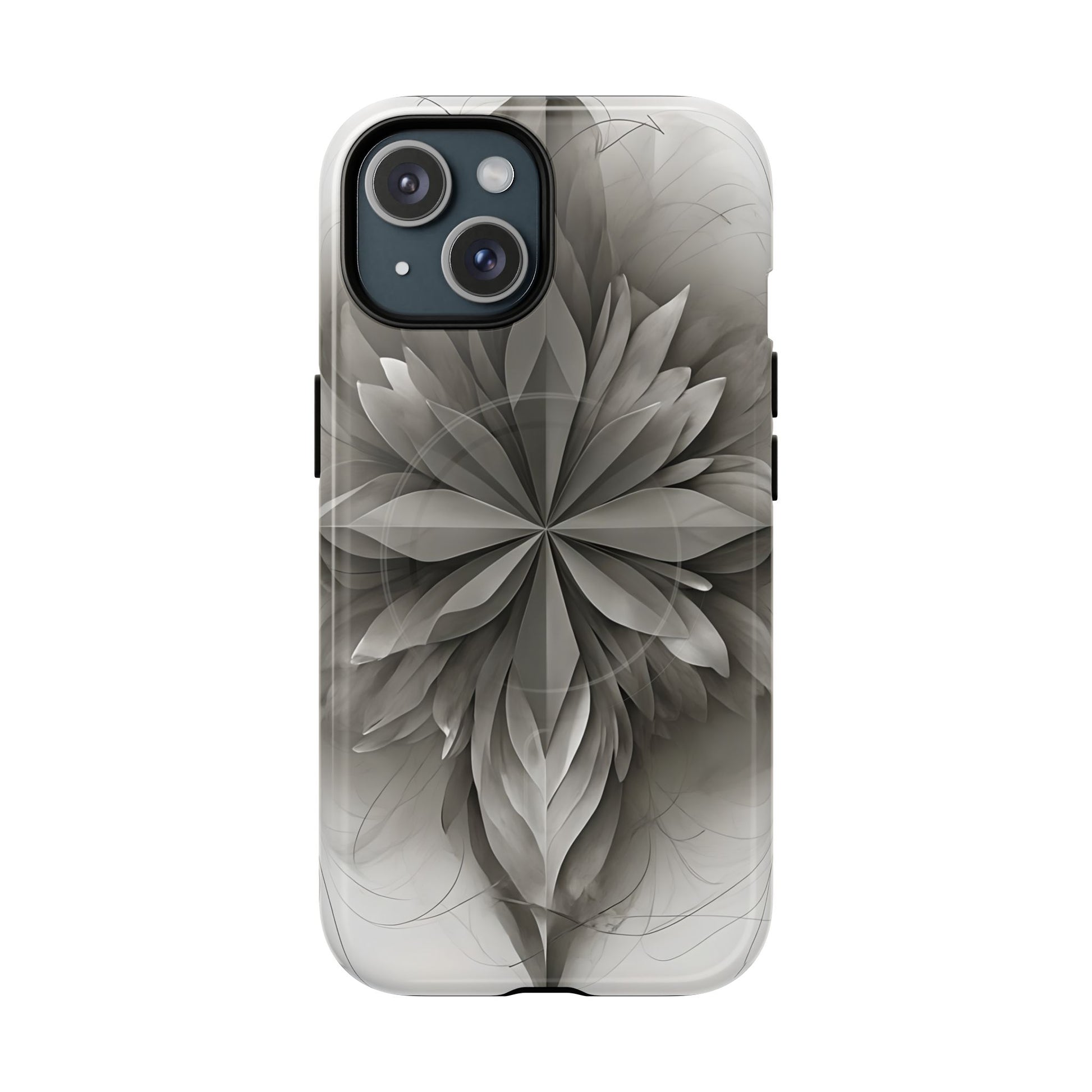 Silver Lotus - Elegant Monochrome Floral iPhone 15 MagSafe Phone Case - Modern Lotus Design