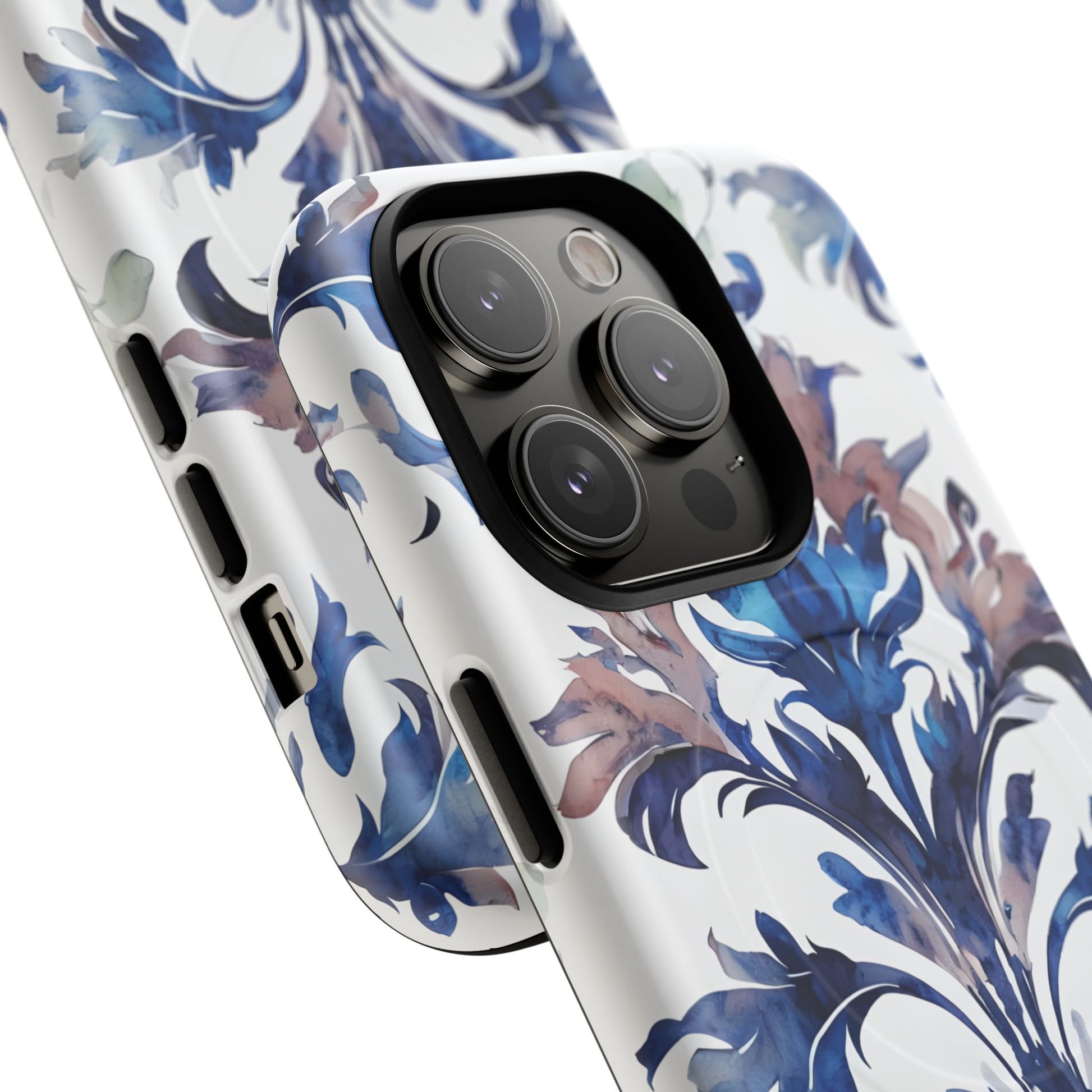 Delft Reverie - Elegant Blue & White iPhone 14 Pro MagSafe Phone Case - Dutch Delftware-Inspired Floral Design