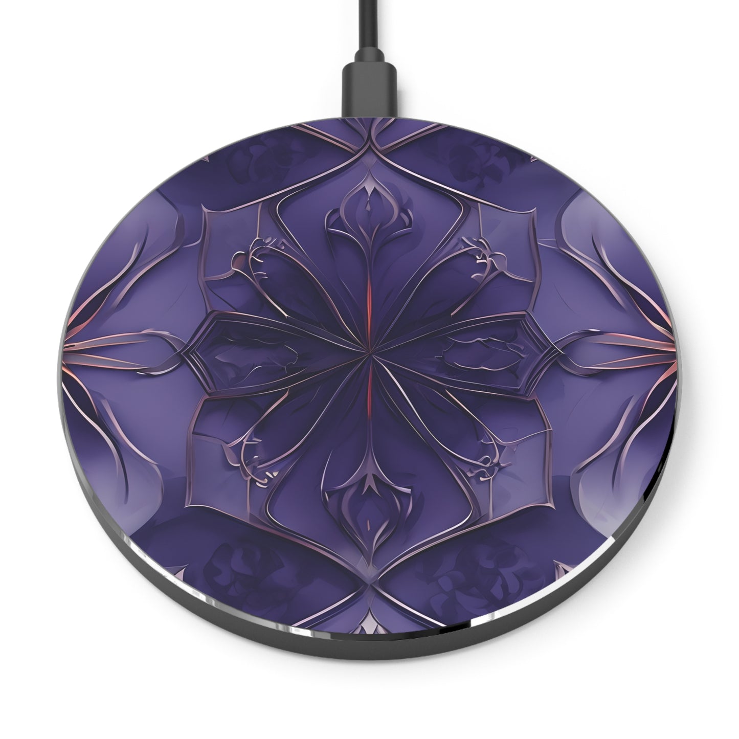 Violet Nebula purple abstract mandala art Qi wireless charger with deep violet geometric floral design