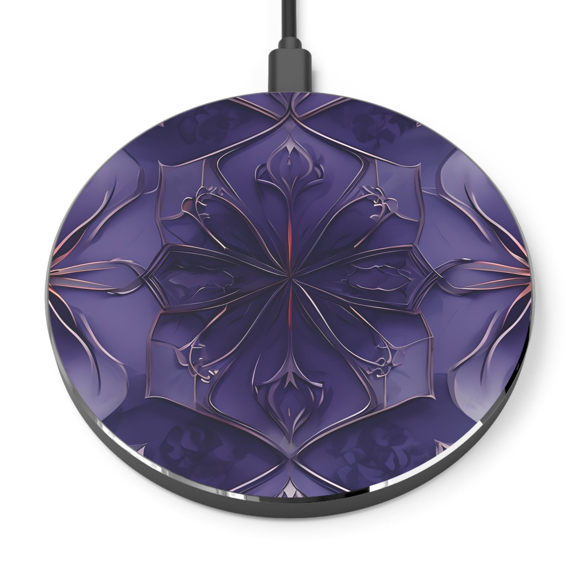 Violet Nebula purple abstract mandala art Qi wireless charger with deep violet geometric floral design